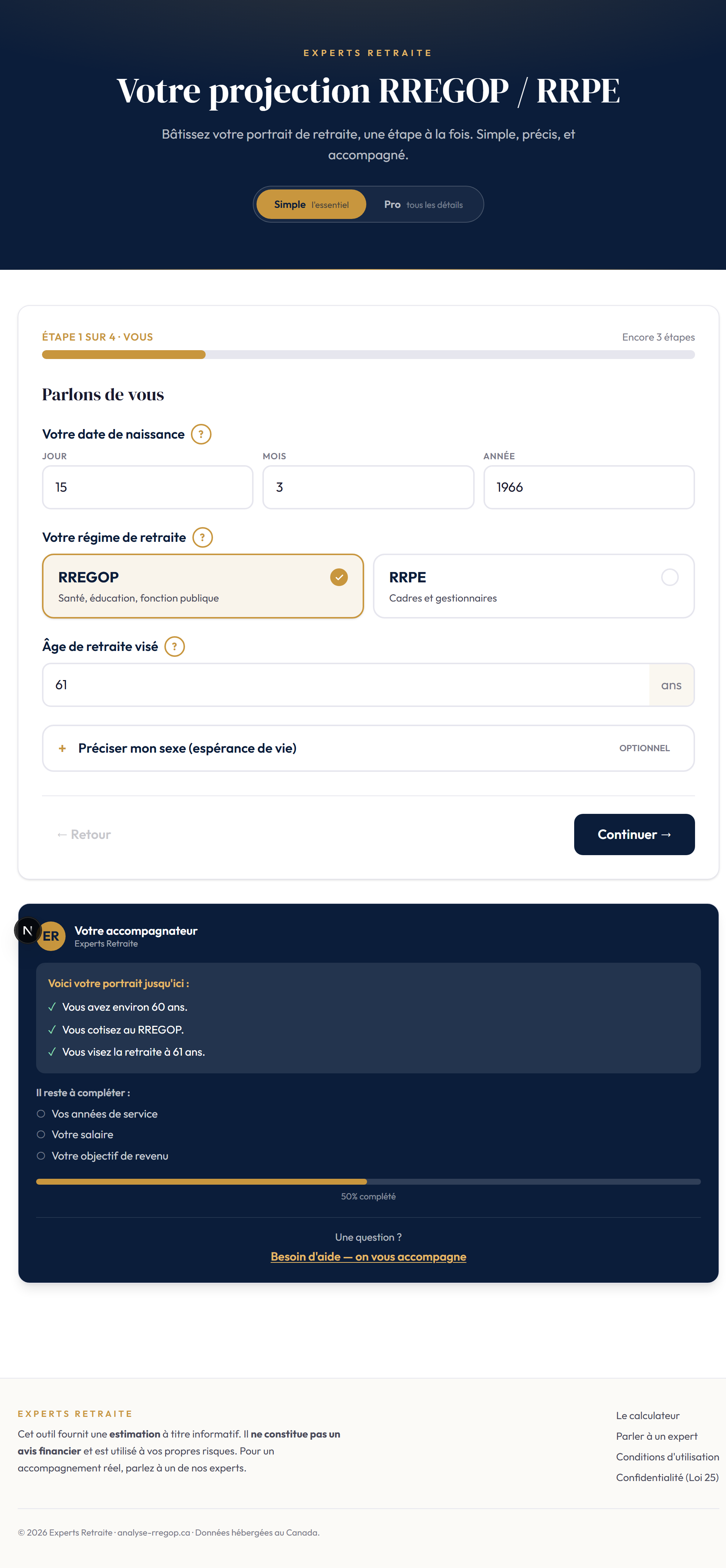 3. Votre régime et votre âge de retraite — l'assistant comprend déjà votre situation.